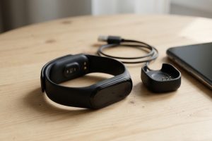 Фитнес-браслет с зарядной подставкой и смартфоном на столе