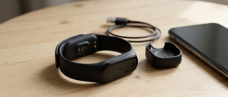 Фитнес-браслет с зарядной подставкой и смартфоном на столе